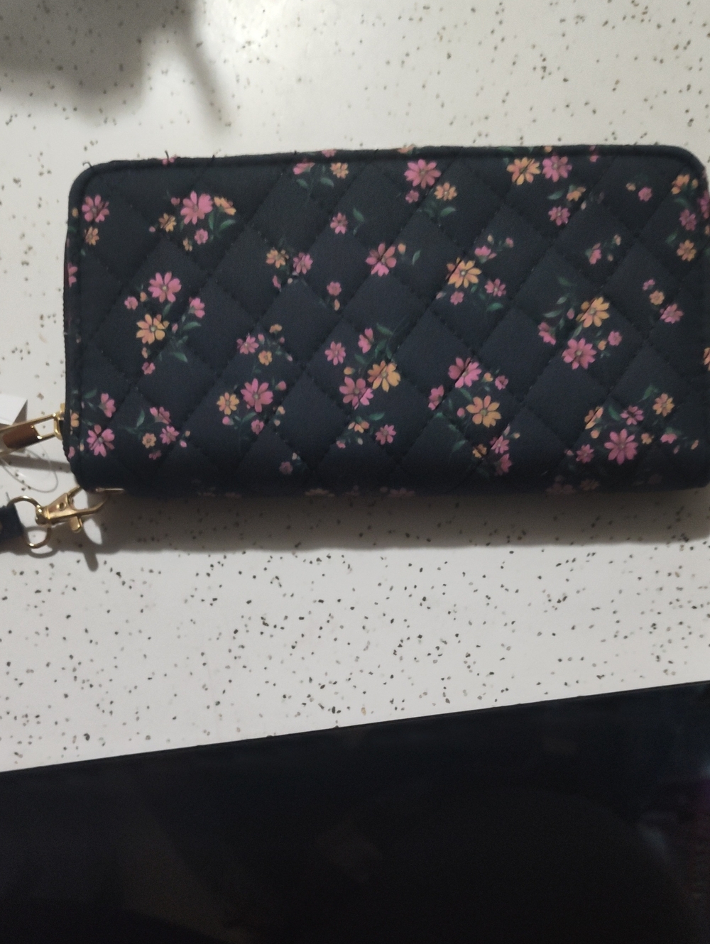 Quilted Floral Zip Wallet Wristlet - Black with Pink & Yellow Flowers